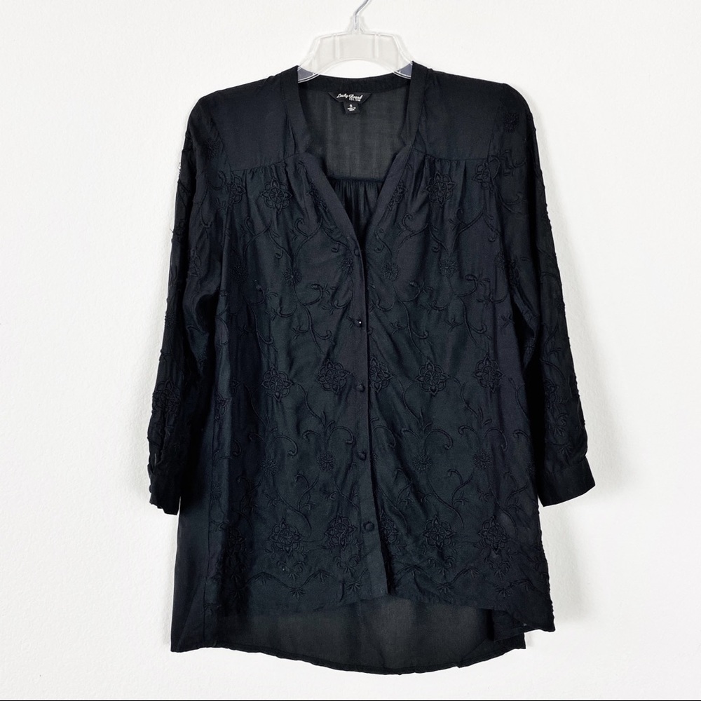 Lucky Brand Semi Sheer Top Black Embroidery S - Picture 3 of 8